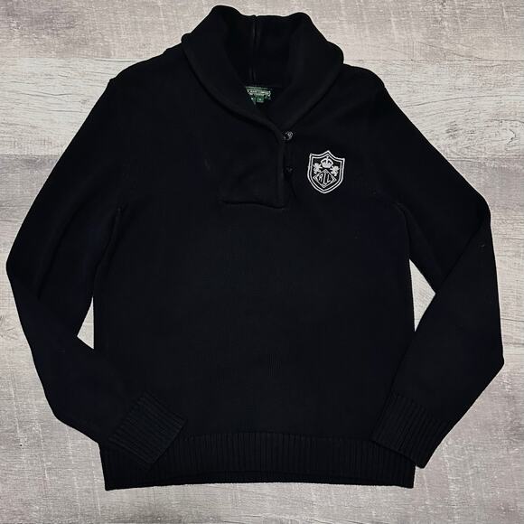 Lauren Jeans Co Knit Sweater Womens L Black Cotton Embroidered Crest Academia - Picture 7 of 7